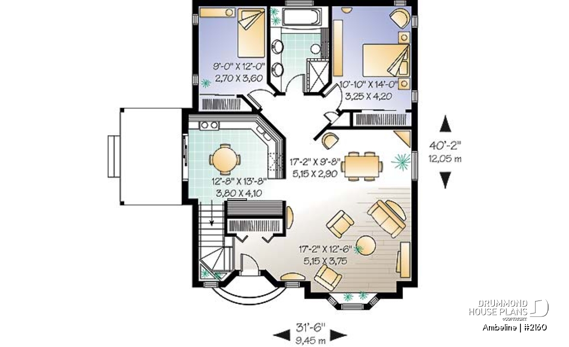 1st level - 2 Bedroom One-Storey economical house plan, eat-in kitchen, side balcony with pergola, cathedral ceiling - Ambeline