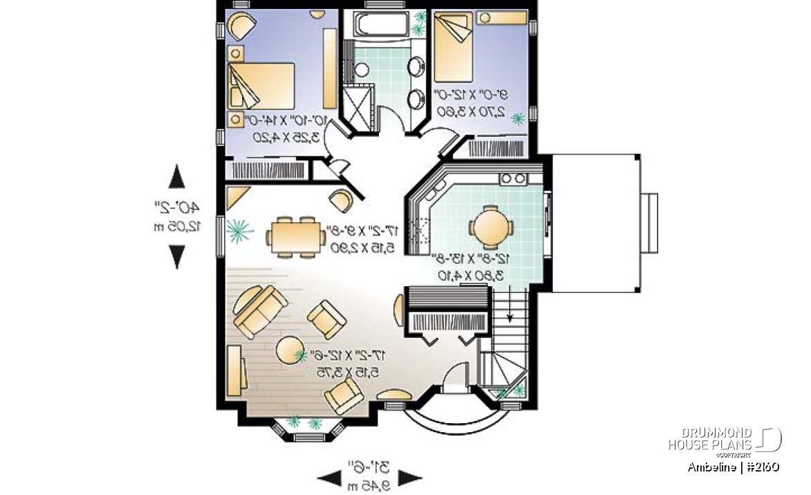 1st level - 2 Bedroom One-Storey economical house plan, eat-in kitchen, side balcony with pergola, cathedral ceiling - Ambeline