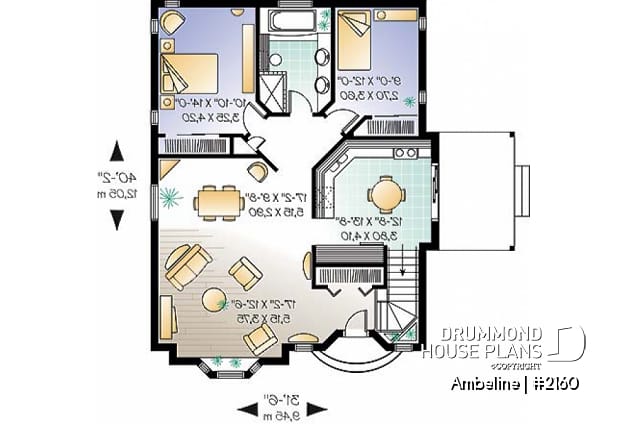 1st level - 2 Bedroom One-Storey economical house plan, eat-in kitchen, side balcony with pergola, cathedral ceiling - Ambeline