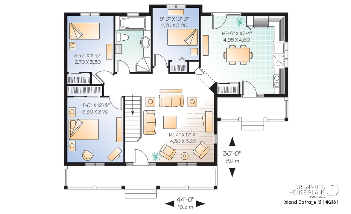 1st level - Small 3 bedroom house plan, affordable ranch home design, eat-in kitchen, large family bathroom - Inland Cottage 3