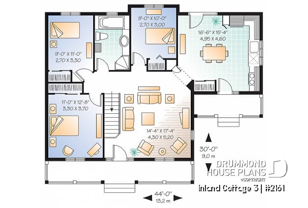 1st level - Small 3 bedroom house plan, affordable ranch home design, eat-in kitchen, large family bathroom - Inland Cottage 3