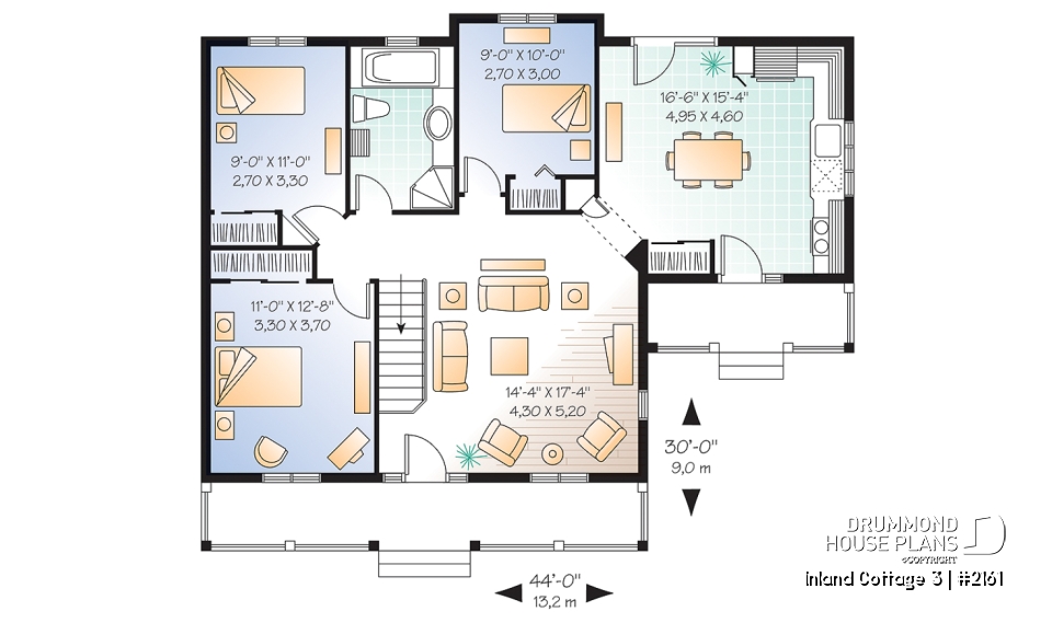 1st level - Small 3 bedroom house plan, affordable ranch home design, eat-in kitchen, large family bathroom - Inland Cottage 3