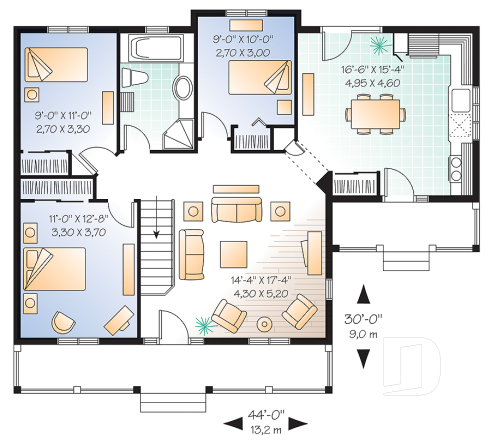1st level - Small 3 bedroom house plan, affordable ranch home design, eat-in kitchen, large family bathroom - Inland Cottage 3