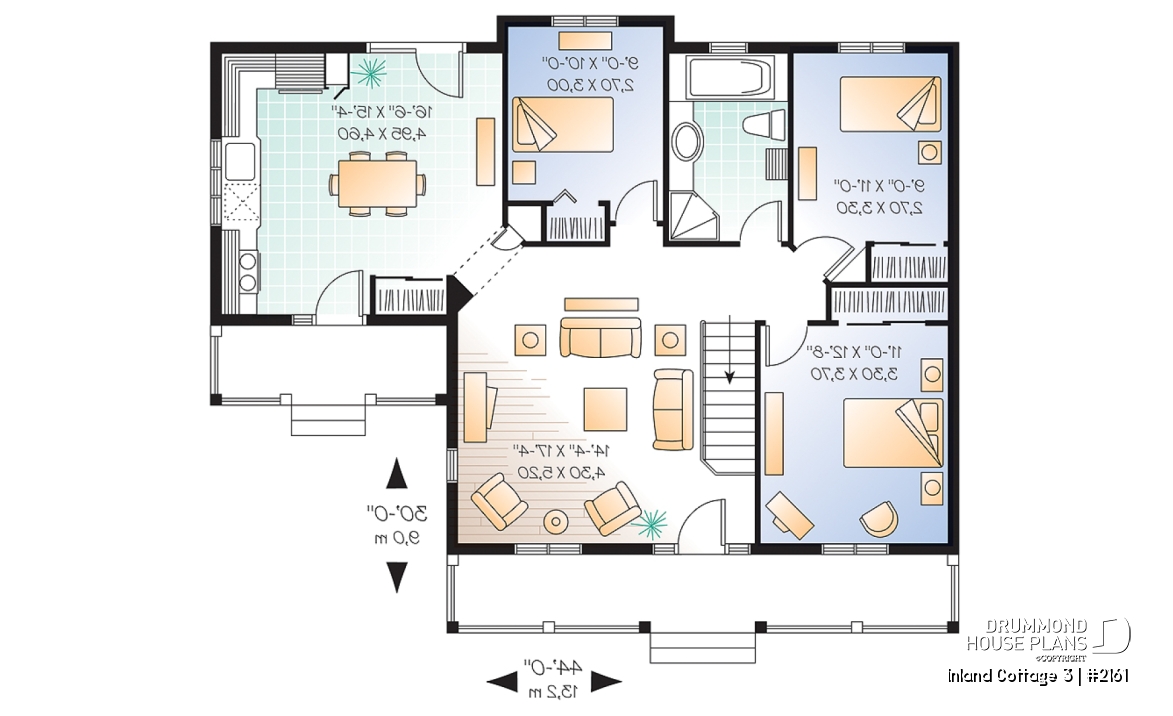 1st level - Small 3 bedroom house plan, affordable ranch home design, eat-in kitchen, large family bathroom - Inland Cottage 3