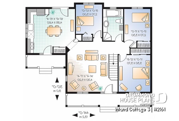 1st level - Small 3 bedroom house plan, affordable ranch home design, eat-in kitchen, large family bathroom - Inland Cottage 3