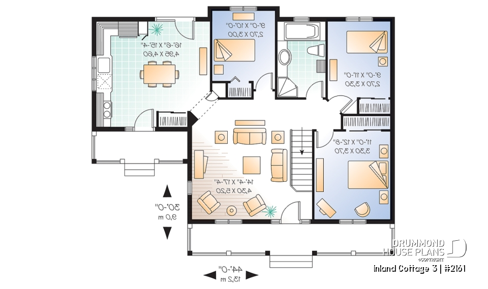 1st level - Small 3 bedroom house plan, affordable ranch home design, eat-in kitchen, large family bathroom - Inland Cottage 3