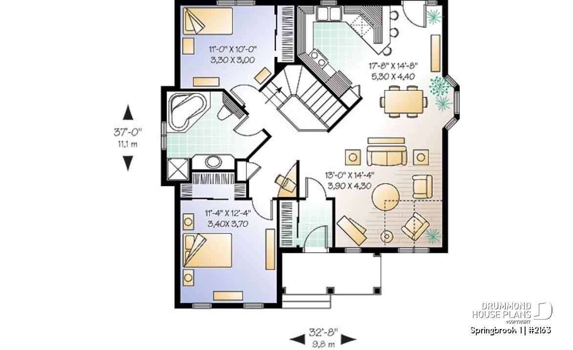 1st level - 2 bedroom budget-friendly small ranch style house plan with partial catheral ceiling in family room - Springbrook 1