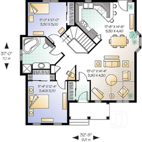 1st level - 2 bedroom budget-friendly small ranch style house plan with partial catheral ceiling in family room - Springbrook 1