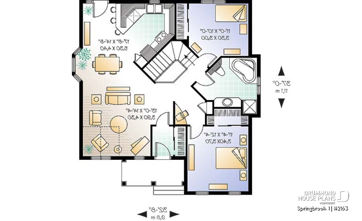 1st level - 2 bedroom budget-friendly small ranch style house plan with partial catheral ceiling in family room - Springbrook 1