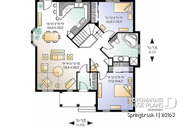 1st level - 2 bedroom budget-friendly small ranch style house plan with partial catheral ceiling in family room - Springbrook 1