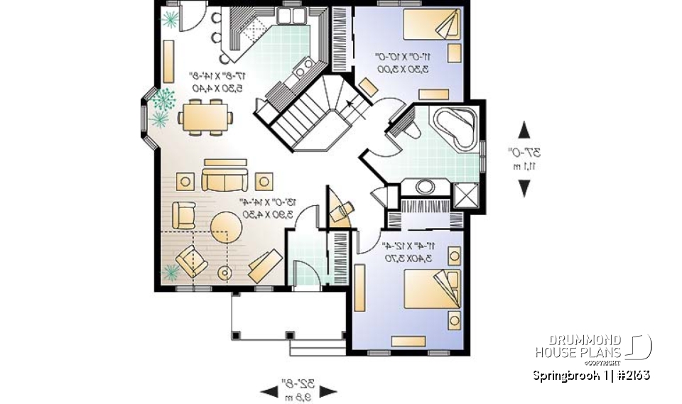 1st level - 2 bedroom budget-friendly small ranch style house plan with partial catheral ceiling in family room - Springbrook 1