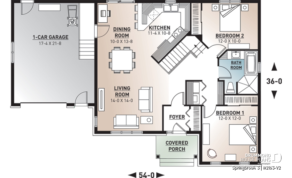 1st level - Country Rustic style ranch bungalow house plan with open floor plan, office and large garage - Springbrook 3