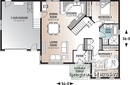1st level - Country Rustic style ranch bungalow house plan with open floor plan, office and large garage - Springbrook 3