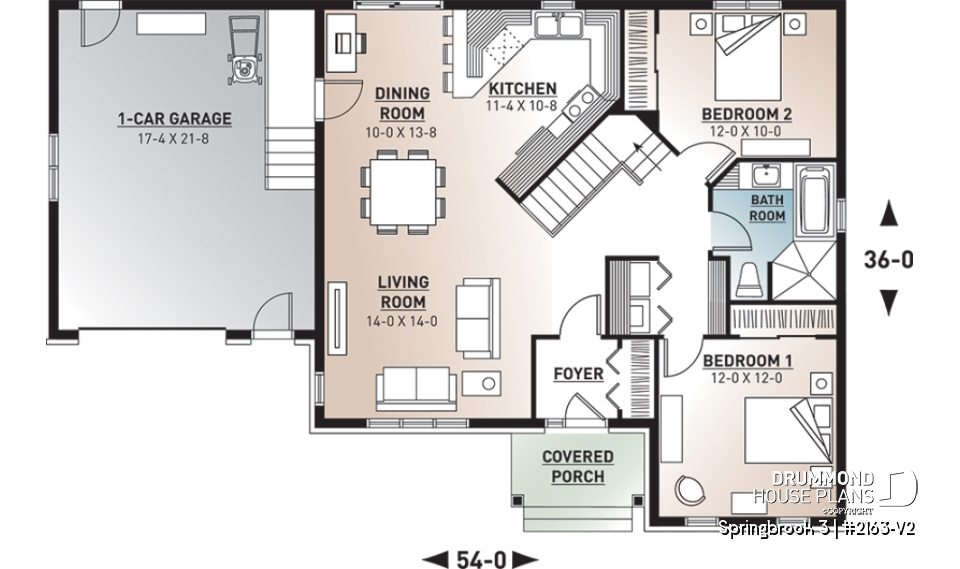 1st level - Country Rustic style ranch bungalow house plan with open floor plan, office and large garage - Springbrook 3