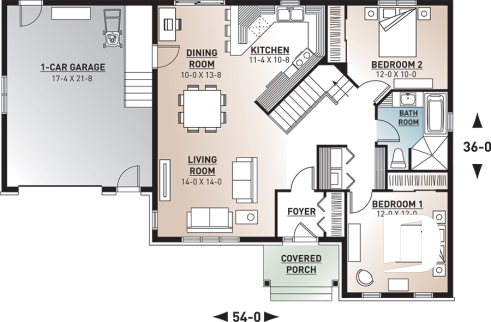 1st level - Country Rustic style ranch bungalow house plan with open floor plan, office and large garage - Springbrook 3