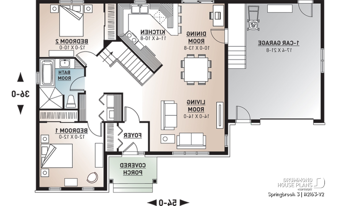 1st level - Country Rustic style ranch bungalow house plan with open floor plan, office and large garage - Springbrook 3