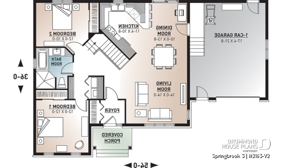 1st level - Country Rustic style ranch bungalow house plan with open floor plan, office and large garage - Springbrook 3
