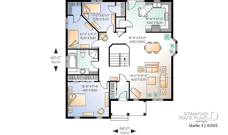 1st level - 3 bedroom ranch style house plan with open concept, pantry in kitchen - Merlin 4