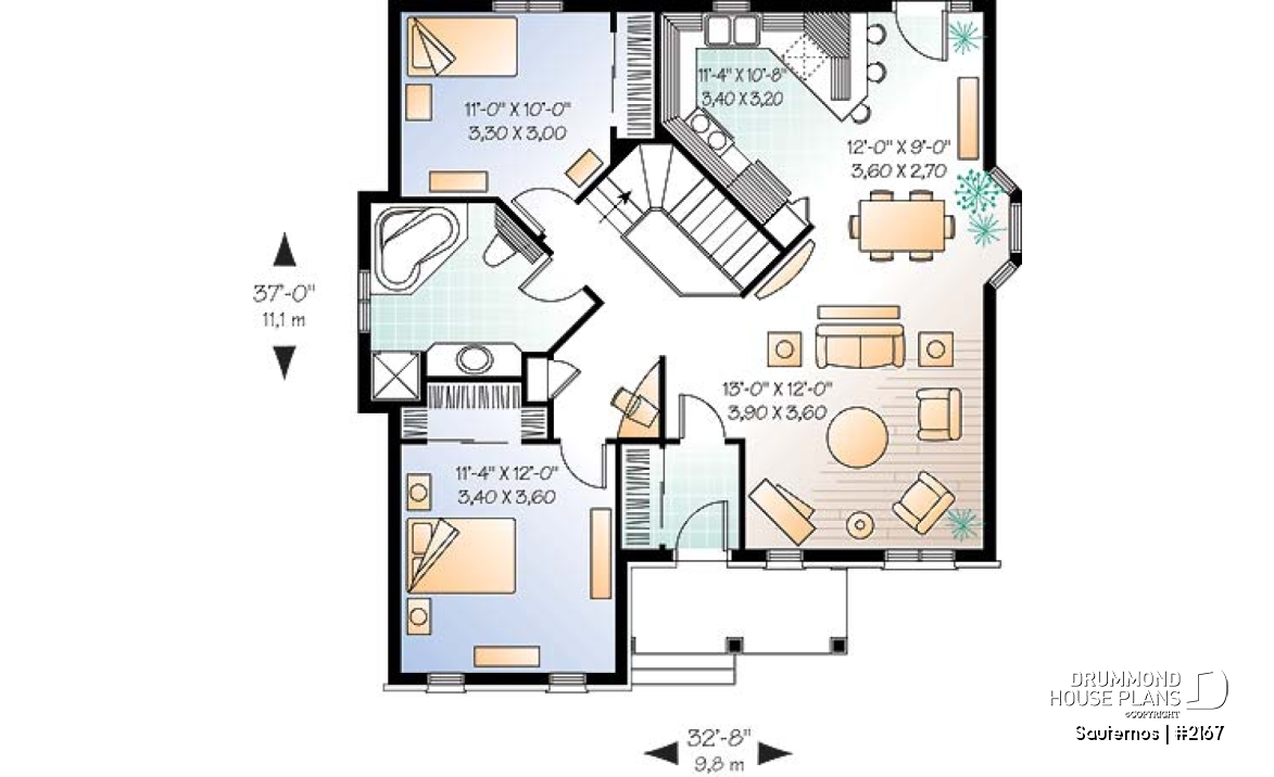 1st level - Budget friendly ranch style house plan with 2 bedrooms, ideal for narrow lot. - Sauternos