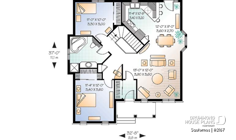 1st level - Budget friendly ranch style house plan with 2 bedrooms, ideal for narrow lot. - Sauternos