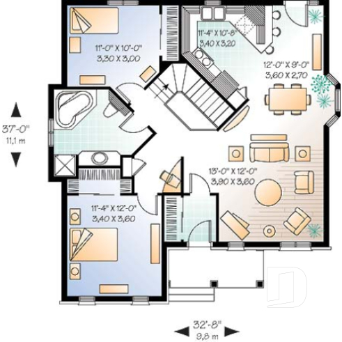 1st level - Budget friendly ranch style house plan with 2 bedrooms, ideal for narrow lot. - Sauternos