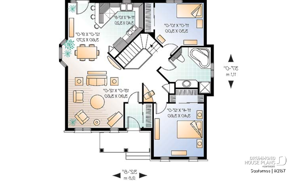 1st level - Budget friendly ranch style house plan with 2 bedrooms, ideal for narrow lot. - Sauternos