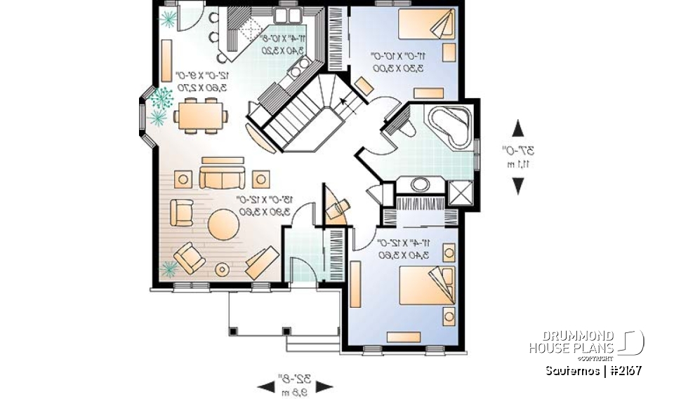 1st level - Budget friendly ranch style house plan with 2 bedrooms, ideal for narrow lot. - Sauternos