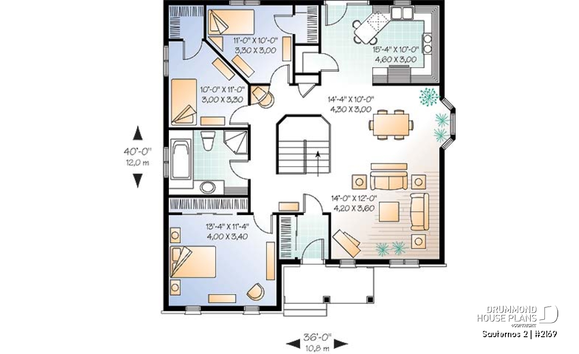 1st level - 3 bedroom ranch style house plan with open concept, pantry in kitchen - Sauternos 2