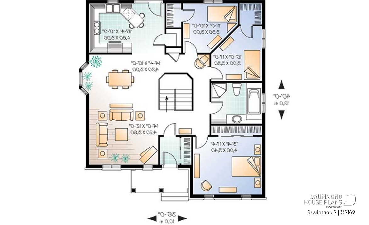 1st level - 3 bedroom ranch style house plan with open concept, pantry in kitchen - Sauternos 2
