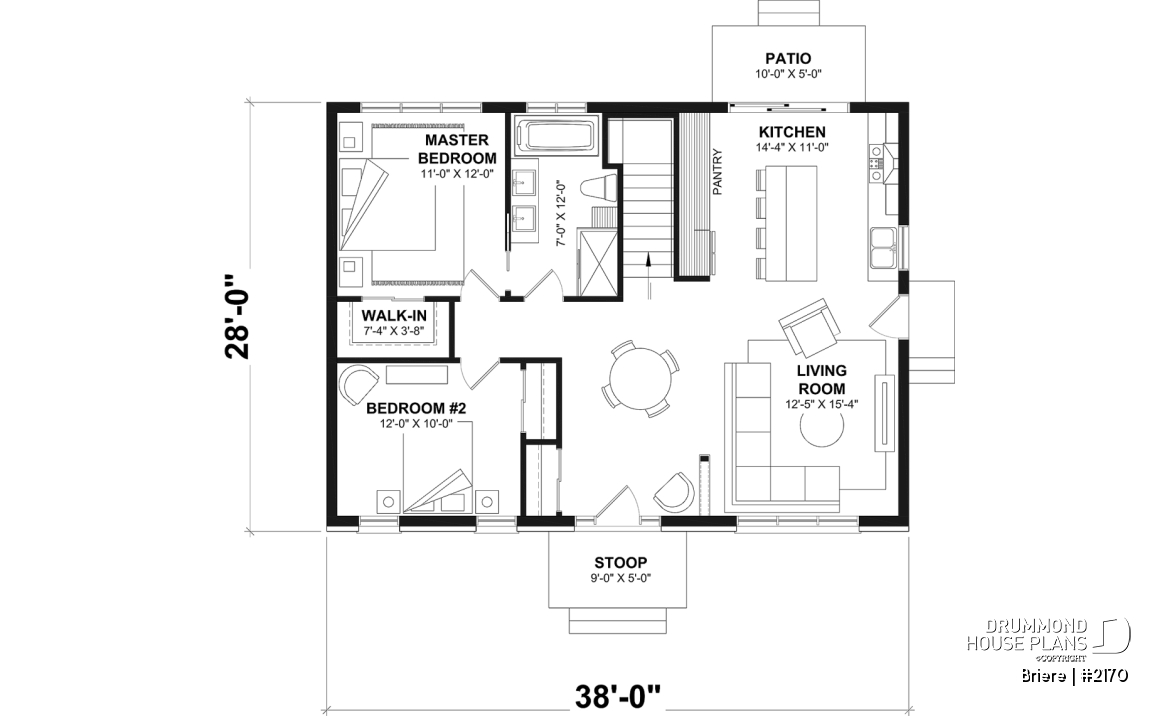 1st level - Affordable bungalow house plan, 2 to 4 bedrooms, optional finished basement ($), kitchen island - Briere