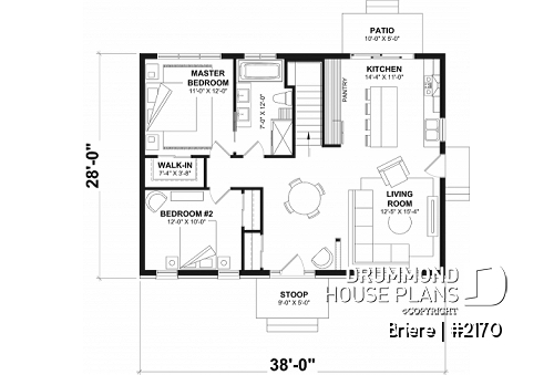 1st level - Affordable bungalow house plan, 2 to 4 bedrooms, optional finished basement ($), kitchen island - Briere