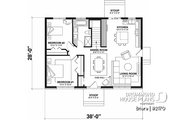 1st level - Affordable bungalow house plan with 2 bedrooms, unfinished daylight basement, kitchen island - Briere