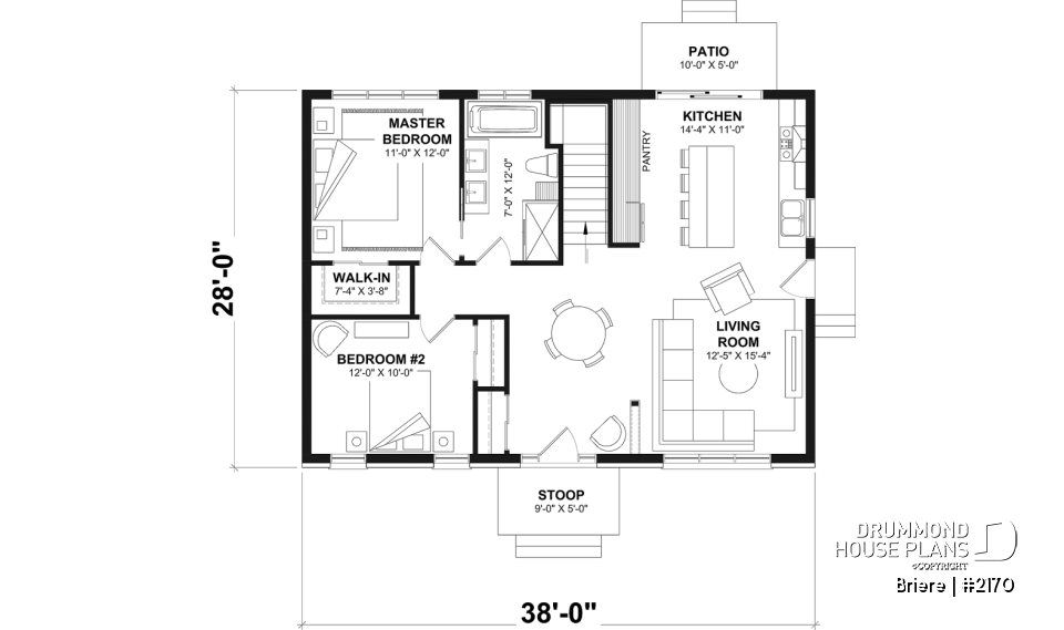 1st level - Affordable bungalow house plan, 2 to 4 bedrooms, optional finished basement ($), kitchen island - Briere