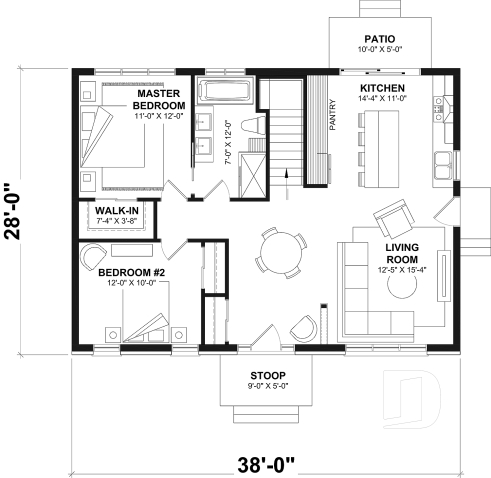 1st level - Affordable bungalow house plan, 2 to 4 bedrooms, optional finished basement ($), kitchen island - Briere