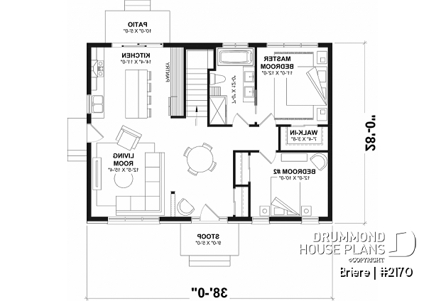 1st level - Affordable bungalow house plan, 2 to 4 bedrooms, optional finished basement ($), kitchen island - Briere
