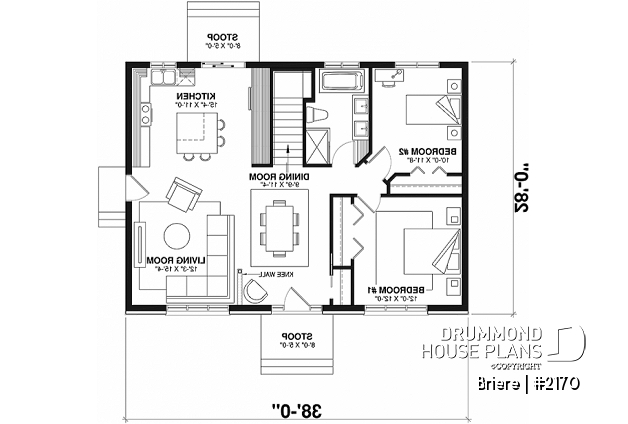 1st level - Affordable bungalow house plan with 2 bedrooms, unfinished daylight basement, kitchen island - Briere