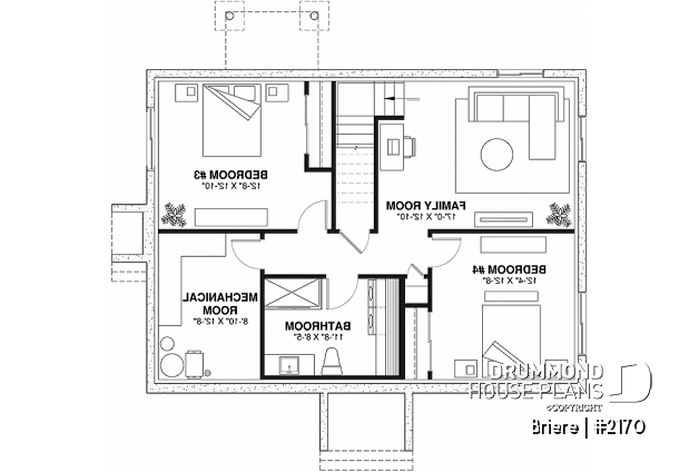 Basement - Affordable bungalow house plan with 2 bedrooms, unfinished daylight basement, kitchen island - Briere