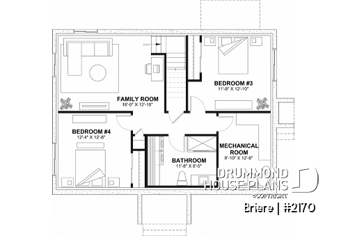 Finished basement - Affordable bungalow house plan, 2 to 4 bedrooms, optional finished basement ($), kitchen island - Briere