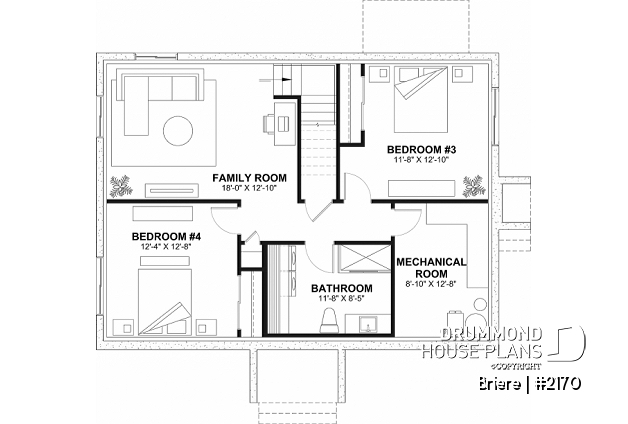 Finished basement - Affordable bungalow house plan, 2 to 4 bedrooms, optional finished basement ($), kitchen island - Briere