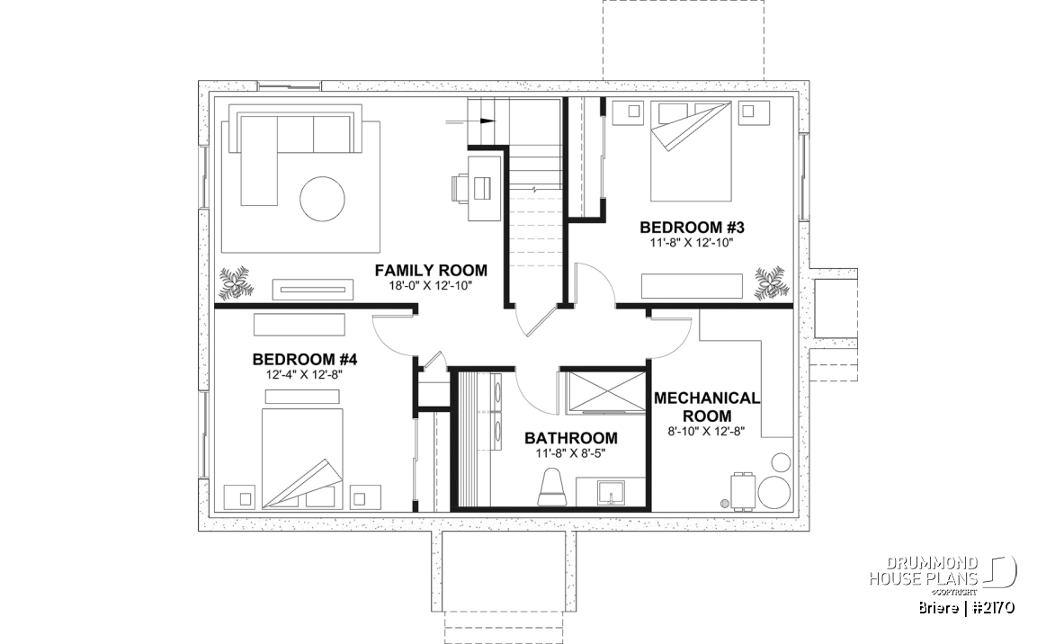 Finished basement (Optional $) - Affordable bungalow house plan, 2 to 4 bedrooms, optional finished basement ($), kitchen island - Briere