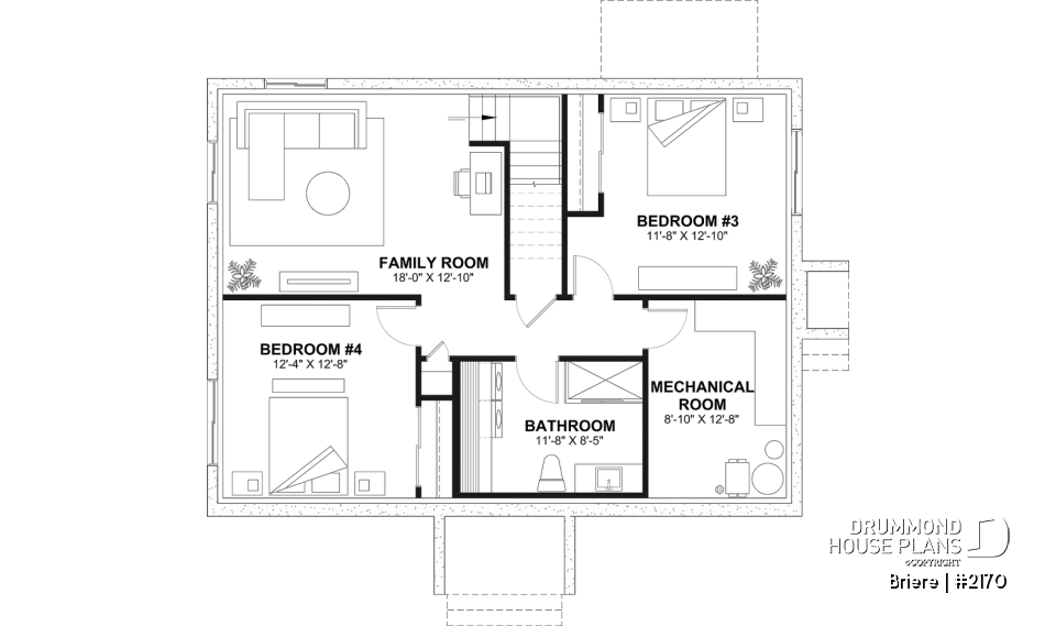 Finished basement (Optional $) - Affordable bungalow house plan, 2 to 4 bedrooms, optional finished basement ($), kitchen island - Briere