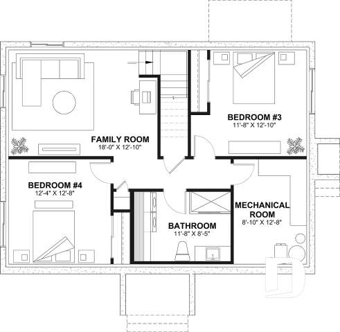 Finished basement (Optional $) - Affordable bungalow house plan, 2 to 4 bedrooms, optional finished basement ($), kitchen island - Briere