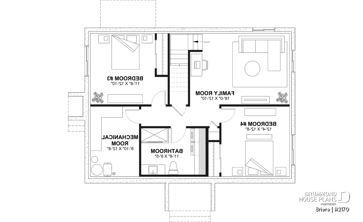 Finished basement (Optional $) - Affordable bungalow house plan, 2 to 4 bedrooms, optional finished basement ($), kitchen island - Briere