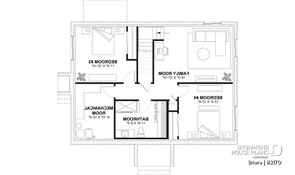 Finished basement (Optional $) - Affordable bungalow house plan, 2 to 4 bedrooms, optional finished basement ($), kitchen island - Briere