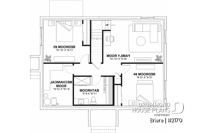 Finished basement - Affordable bungalow house plan, 2 to 4 bedrooms, optional finished basement ($), kitchen island - Briere