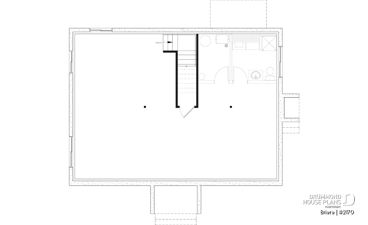 Unfinished basement - Affordable bungalow house plan, 2 to 4 bedrooms, optional finished basement ($), kitchen island - Briere