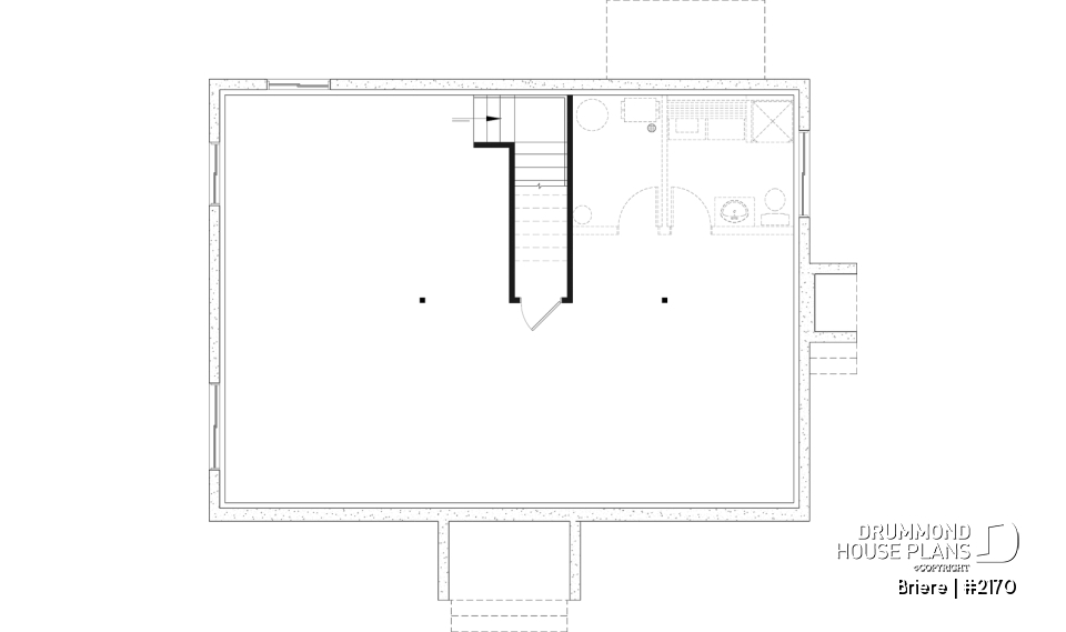 Unfinished basement - Affordable bungalow house plan, 2 to 4 bedrooms, optional finished basement ($), kitchen island - Briere