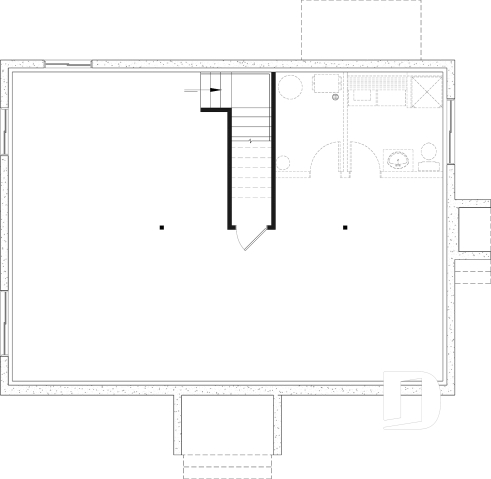 Unfinished basement - Affordable bungalow house plan, 2 to 4 bedrooms, optional finished basement ($), kitchen island - Briere