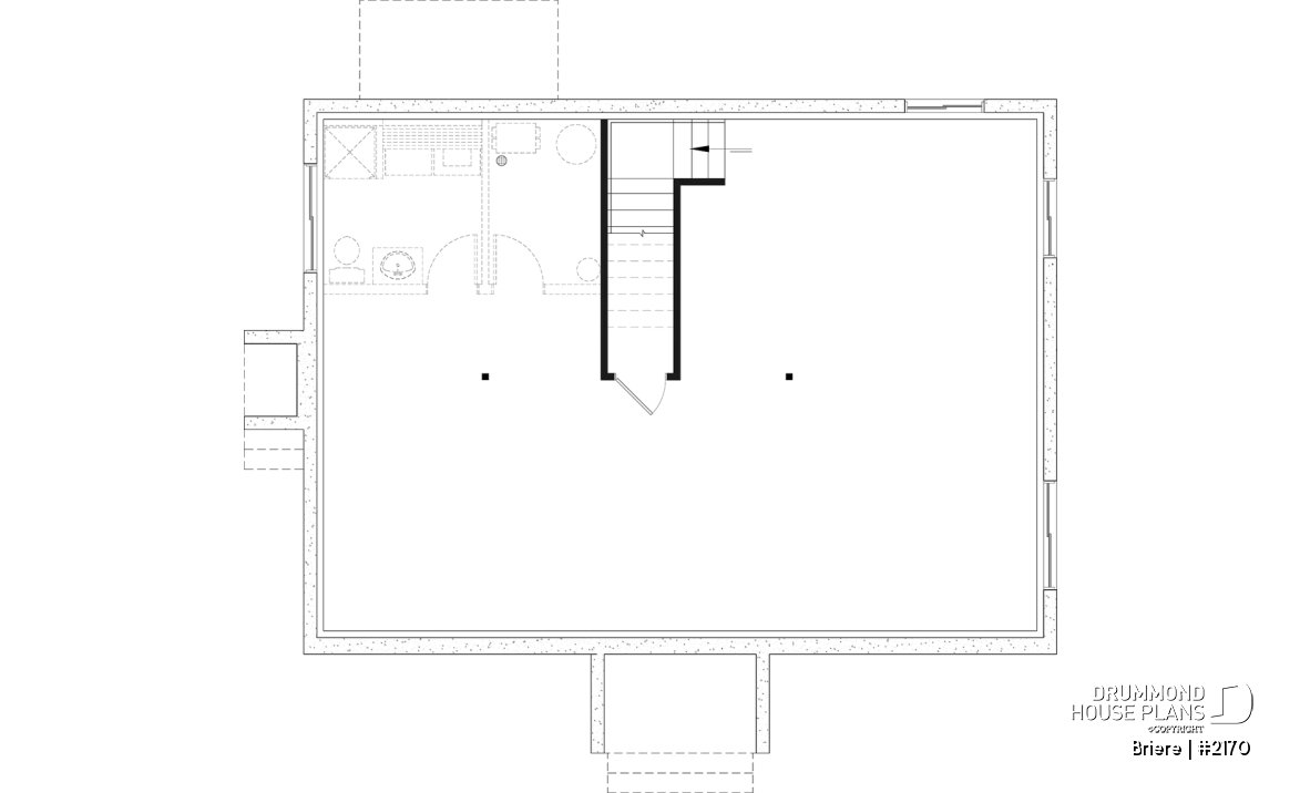 Unfinished basement - Affordable bungalow house plan, 2 to 4 bedrooms, optional finished basement ($), kitchen island - Briere
