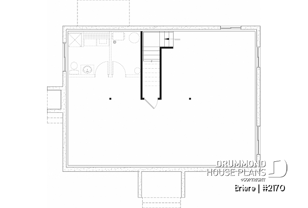 Unfinished basement - Affordable bungalow house plan, 2 to 4 bedrooms, optional finished basement ($), kitchen island - Briere